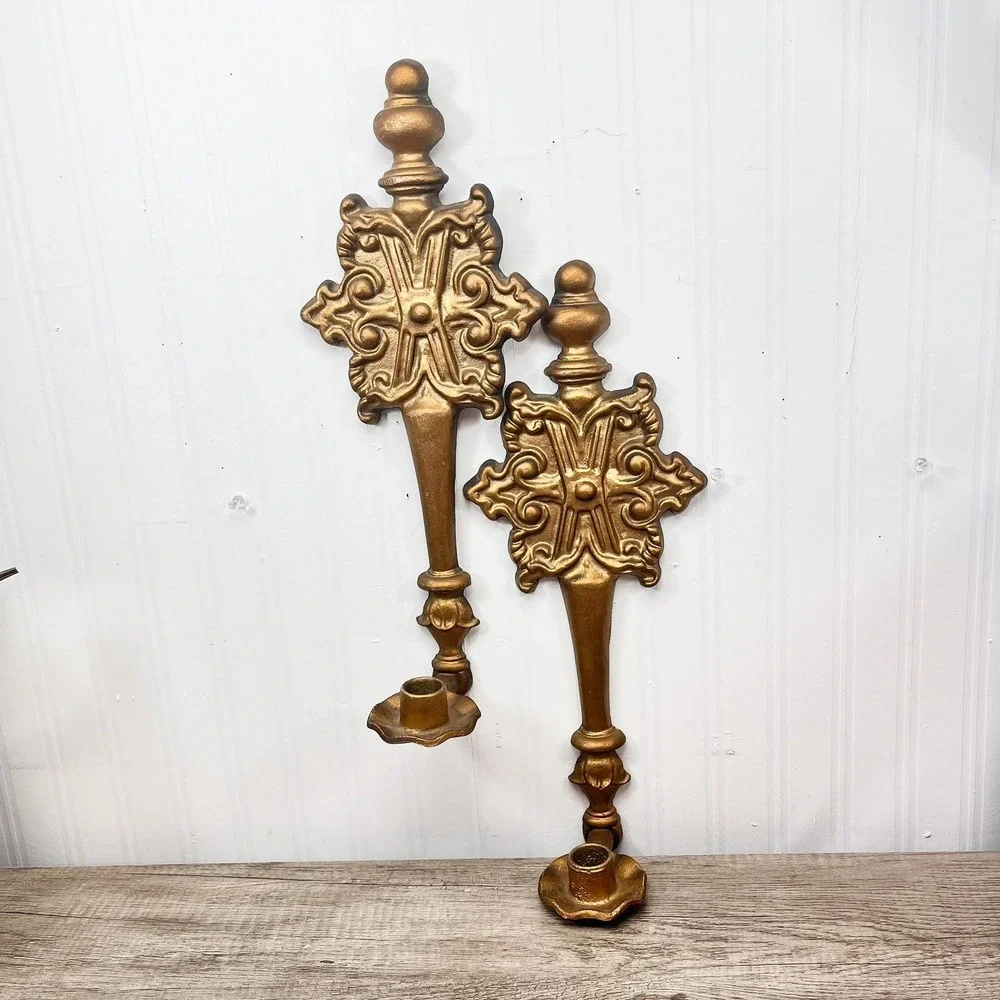 Vintage Hoda Gilt Wall Sconce Pair | 16" Ornate Gold Taper Candle Holders